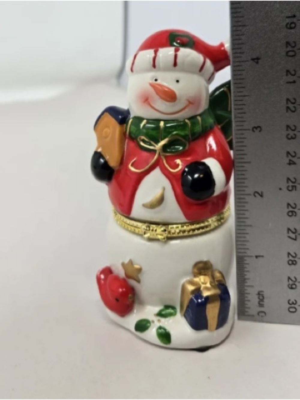 Festive Snowman Trinket Box in Red, Green, White with Gold Detail